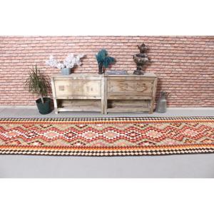 Vintage Turkish Kilim <b>Runner</b> Rug 2.9x15.3 ft, <b>Red</b> Check Rug Wool - Product Image 3