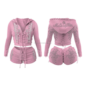 Ensemble Femme Tendance en Molleton Bouclette Effet Délavé au Soleil avec Short Zippé et Veste Courte Ornés de Strass Personnalisés 100% Coton – Grande Vente - Product Image 4