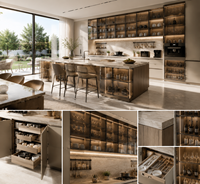 Kabinet Dapur Modular Siap Rakit, Set Lemari Tanpa Gagang Warna Abu-Abu Muda Modern Mewah dengan Fitur Kuarsa Buatan