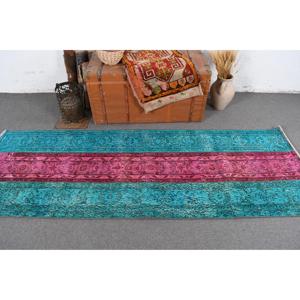 Alfombra Turca de 2.8x8.2 pies, Alfombra de Lana Sólida Vintage Azul Rosa - Product Image 3