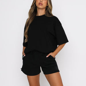Vente chaude Personnalisé Dames Casual Coton Short À Manches Courtes Costume Femmes Ensembles De Couleur Unie - Product Image 1