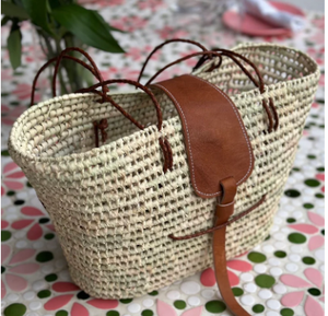 Bolsa de paja tejida Asas de cuero Cesta marroquí Bolsa de playa Cesta de mercado Cesta marroquí hecha a mano - Product Image 3