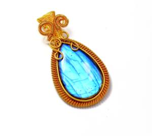 Pendentif lisse en labradorite de feu bleu pendentif à breloque en platine avec fil de cuivre enveloppé pour cadeau - Product Image 1