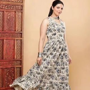 Robe indienne faite à la main en coton imprimé de blocs élégante imprimé floral longue Maxi à la mode tenue d'été confortable Style décontracté - Product Image 1