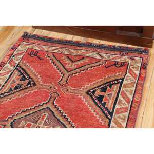 3.3x9.4 ft Rug, Turkish Vintage Rug, <b>Red</b> Blue Abstract <b>Wool</b> Rug - Product Image 5