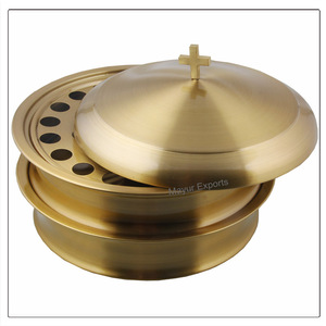 Juego de bandejas para servir de cobre y latón duradero de alta calidad, 2 bandejas de acero inoxidable con 1 cubierta de acabado dorado para la Santa Comunión - Product Image 1
