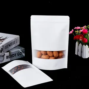 Sacos de embalagem com janela para embalagem de alimentos, sacos de papel kraft branco com logotipo impresso personalizado e zip lock reciclável ecológico para armazenamento de alimentos