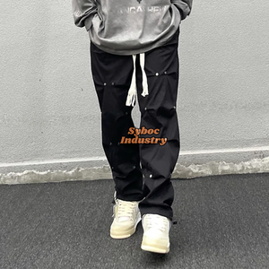 กางเกงคาร์โก้ผ้าฝ้าย100% สำหรับผู้ชายสีดำขากระเป๋าตกแต่งวินเทจแบบหลายกระเป๋าสไตล์วินเทจ - Product Image 4