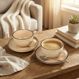 ปลอบประโลมประสาทสัมผัสของคุณด้วยชุดถ้วยชาและจานรองสไตล์เรโทรสุดอบอุ่น ทำจากนิวโบนไชน่า พร้อมโลโก้ที่ปรับแต่งได้ สำหรับกาแฟและชา ชุด 2 ชิ้น - Product Image 4