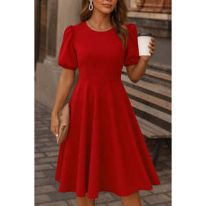 Women's <b>Short</b> Balloon Sleeve Crew Neck Wide Cut Shimmering Crepe <b>Dress</b>, 37975 - <b>Red</b> - Product Image 2