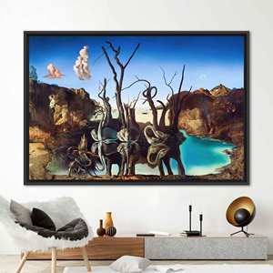 Toile imprimée : Œuvre d'art de Dalí représentant des cygnes, décoration artistique célèbre, 1P : encadré noir - Product Image 1