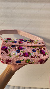 beaded rose <b>pink</b> floral shoulder bag Indian fully handcrafted handmade <b>clutch</b> purse for women evening party wedding handbag - Product Image 4