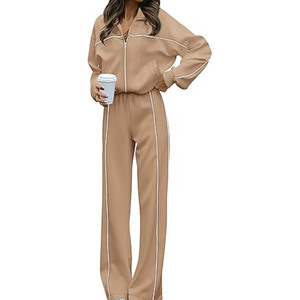 Conjunto de chándal informal para mujer, chaqueta con cremallera y pantalones con cordón, ropa de ocio atlética cómoda - Product Image 1