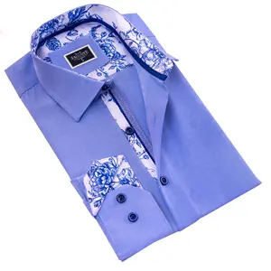 Blue inside Floral Button Down Collar White with Black Floral Placket Short Sleeves Men's Dress Shirt for Vacation Causal