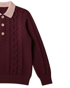 เสื้อโปโลถักไหมพรมผู้ชายแบบสั่งทำพิเศษ แขนยาว คอปกติดกระดุม ตัดขอบคอเสื้อสีตัดกัน สำหรับฤดูหนาว สีเบอร์กันดีไวน์ - Product Image 5