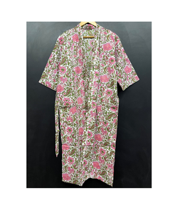 Block Print Indian Handmade Pure Cotton Eco-Friendly Floor-Length Soft Luxury Comfortable Kimono Robe <b>Womens</b> Bathrobe Nightwear - Product Image 1