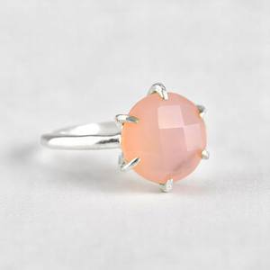 Ensemble de broches de pierres précieuses calcédoine rose ronde plaqué or 925 bague en argent 8 MM anneaux de pierre de naissance naturelle pour les femmes - Product Image 2