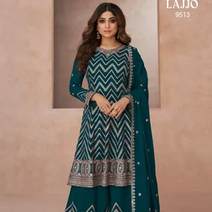 印度巴基斯坦风格的新设计重型乔其纱三件套萨尔瓦卡梅兹，配有杜帕塔刺绣和序列工作服