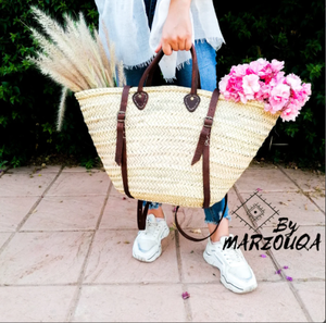 Straw Backpack Basket, Market Basket, Beach <b>Bag</b>, <b>Boho</b> Basket, French Basket with - Product Image 1
