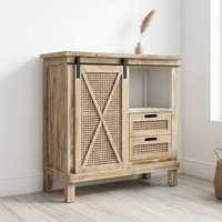 Buffet rustique en bois de style ferme avec portes coulissantes en rotin et 2 tiroirs, meuble de rangement console