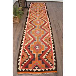 พรมคิลิมวินเทจ ขนาด 3x11.6 ฟุต สีแดงส้ม ลายต้นไม้และพืช พรมขนสัตว์ตุรกี - Product Image 1