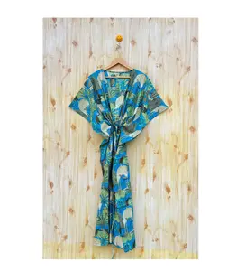 Blue indian print cotton kaftan Bridesmaid gown summer clothing Plus size tunic floral long caftan Beach cover up Nightwear