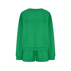 Conjunto de 2 piezas de ropa de descanso recortada deportiva informal, Sudadera de cuello redondo y pantalón corto con ropa deportiva corta de color sólido para el verano - Product Image 5