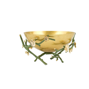 Bol de service en laiton doré fantaisie avec motif de branche verte et de fleurs, bol en métal décoratif fait à la main pour la décoration de la maison et les événements - Product Image 1