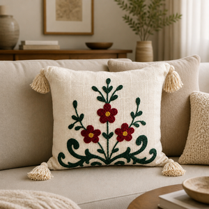 Cojín Decorativo Bordado a Mano con Flores de Algodón y Borlas, con Relleno, Diseño de Enredadera de Flores Rojas, para Sala de Estar - Product Image 2
