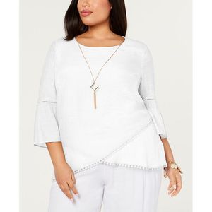 Jm Collection Plus Size Casual White Chiffon Necklace Top 1X Seasonless Crossover-Hem Print Blouse Summer & Spring Length - Product Image 1