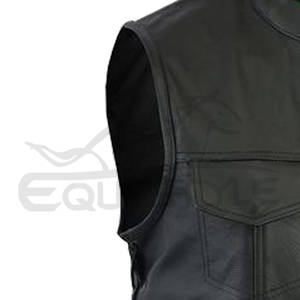 Men's Custom Motorcycle <b>Vest</b> <b>Winter</b> Fashion Solid Pattern Sleeveless Moto Waistcoat Front Pockets Genuine Leather Black Color - Product Image 2