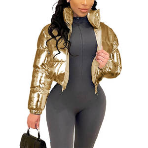 Chaqueta acolchada recortada acolchada para mujer para Otoño/Invierno, abrigo de burbujas de lona transpirable con acabado brillante, abrigo cálido - Product Image 1