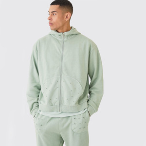 Ropa de calle personalizada para hombre, conjunto de chándal con cremallera desgastada de peso pesado para correr, chándal con parche con apliques desgastados y Logo para hombre 2024 - Product Image 3