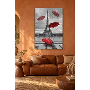 Impression sur toile de la Tour Eiffel noire et blanche de Fida et d'ombrelles rouges volantes - Product Image 2