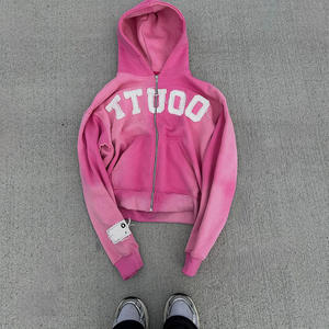 เสื้อฮู้ดแนวสตรีทของผู้ชายเสื้อวินเทจผ้า100% ความเป็นกรดสองชั้นซีดจางไปจากแสงแดดผ้าฝ้ายไม่มีเชือกรูดซิปขนแกะว่างเปล่า - Product Image 1