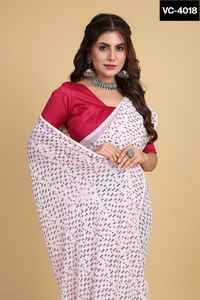 Saree en georgette indien avec belle séquence de fil et bordure de passepoil comprend un chemisier uni en soie mono - Product Image 6