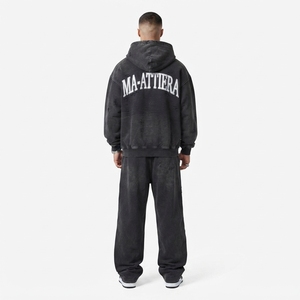 Mens Washed <b>Black</b> <b>Zip</b> Up Hooded Tracksuit Set Decorative Text Print <b>Hoodie</b> and Wide Leg Pants - Product Image 2