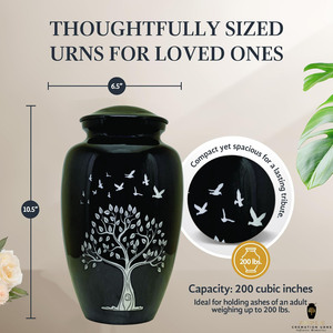 Urna Funeraria Negra Brillante Estilo Americano/Europeo con Diseño de Pájaros en el Árbol, Ecológica, 10 Pulgadas, 220 Pulgadas Cúbicas - Product Image 4