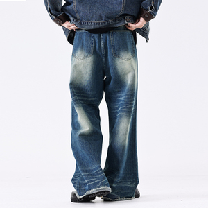 Pantalones vaqueros holgados de algodón de 14oz para hombre de alta calidad Floral sólido Denim Vintage doble costura impresa Dirty Straight - Product Image 5