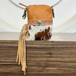 Factory Wholesale Low Price Fashionable Hand <b>Tooled</b> Cowhide <b>Leather</b> Cell Phone Bag for Motorcycles Fanny Packs Fringe Waist Bags - Product Image 1