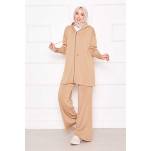 Autumn Casual Two-Piece <b>Set</b> Gold Shimmering Print Hooded <b>Knit</b> with Zip-Up Feature Formal Print Style - Product Image 4