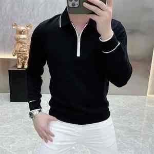 High Street Fashion Men Turn-Down Collar Media cremallera Camisetas Simple All-match Manga larga Otoño Invierno Tops elásticos - Product Image 6