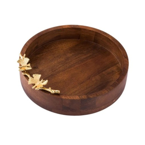 Bol exclusif en bois d'acacia Accents en métal argenté Papillon Ginkgo Design Poli pour mariage Usage domestique Table à manger élégante - Product Image 5