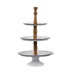 Support de service moderne à 3 niveaux en émail avec piédestal en bois, présentoir à cupcakes en métal blanc à plusieurs niveaux pour fêtes et buffets - Product Image 3