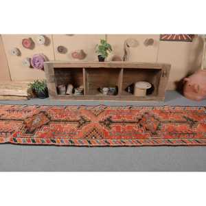 Ethnic Vintage Turkish Rug <b>Red</b> 2.7 X 11.2ft Large Area <b>Wool</b> Latex Rectangular Abstract Patchwork Hallway Design 10mm Room Rug - Product Image 4