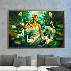 Encantadora pintura mural de la diosa del lago de los cisnes, decoración impresa en lienzo de algodón, lienzo con marco dorado - Product Image 1