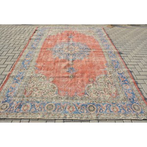 Tapis Oriental Rouge Bleu Vintage Turc 7.1X10.5 ft Tissage Plat Patchwork Motif Laine Latex pour Décorations de Couloir de Salon - Product Image 1