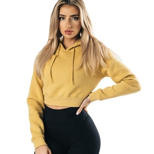 Top corto de gimnasio con cremallera de franela personalizable para mujer, Sudadera con capucha de gran tamaño con dobladillo crudo, corte en V, ropa de Yoga para Fitness, venta al por mayor para invierno - Product Image 1