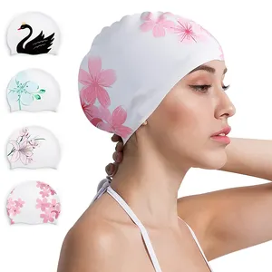 top quality women long hair swim cap waterproof swimming hat custom flower print swimming cap with your logo