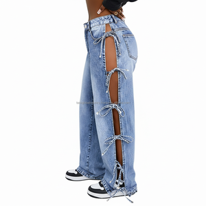 Vaqueros Cargo de Estilo Gótico con Apliques de Cruz, Pierna Ancha, Denim - Sexy con Cordones y Aberturas, Estilo Urbano, Fabricante OEM - Product Image 2